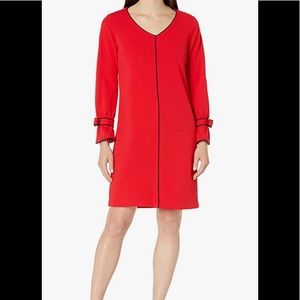 NWT Sharagano Red Dress w/ Dark Navy Trim Cute Bow Accents on Sleeves. Sz 16